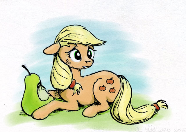 Size: 640x453 | Tagged: applejack, artist:el-yeguero, floppy ears, frown, fruit heresy, hatless, hilarious in hindsight, looking back, missing accessory, out of character, pear, prone, safe, solo, wide eyes