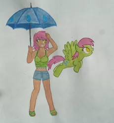 Size: 996x1080 | Tagged: safe, artist:punksweet, derpibooru import, tropical storm, human, pony, blind bag pony, clothes, colored sketch, green, humanized, midriff, pink hair, shorts, smiling, solo, tanktop, traditional art, umbrella, yellow eyes
