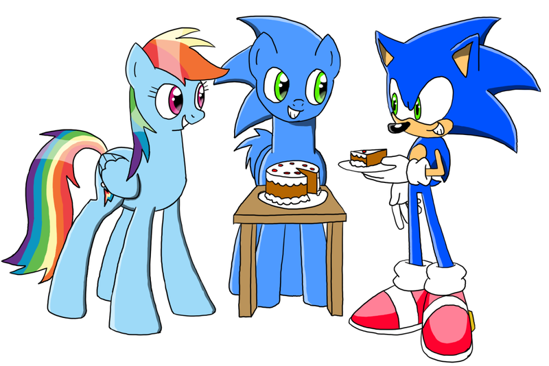 Size: 1280x854 | Tagged: safe, artist:megaartist923, derpibooru import, rainbow dash, oc, oc:sonic dash, ponified, pony, anthro ponidox, birthday, birthday cake, cake, crossover, happy birthday, paradox, self ponidox, sonic the hedgehog, sonic the hedgehog (series)