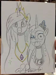 Size: 906x1208 | Tagged: safe, artist:andypriceart, derpibooru import, princess celestia, princess luna, :p, grin, smiling, tongue out, traditional art, wide eyes