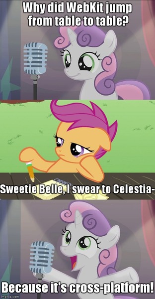 Size: 490x942 | Tagged: bad sweetie belle joke, bloom and gloom, cross-platform, safe, scootaloo, software joke, sweetie belle, webkit