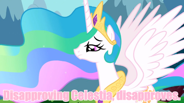 Size: 640x360 | Tagged: image macro, meme, pink text, princess celestia, safe, solo