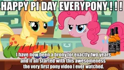 Size: 960x540 | Tagged: applejack, epic pie time, image macro, jack daniels, meme, pi, pi day, pinkie pie, safe, zap apple