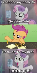 Size: 532x1024 | Tagged: bad sweetie belle joke, bloom and gloom, cute, image macro, meme, programming, pun, safe, scootaloo, sweetie belle