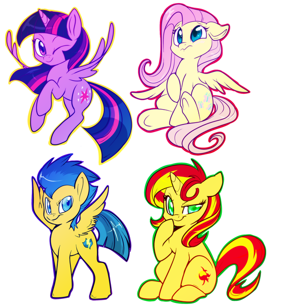 Size: 1280x1397 | Tagged: safe, artist:lustrous-dreams, derpibooru import, flash sentry, fluttershy, sunset shimmer, twilight sparkle, twilight sparkle (alicorn), alicorn, pony, female, flying, mare, spread wings, wink