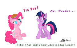 Size: 811x502 | Tagged: artist:affinityshy, derpibooru import, pi day, pie, pinkie pi, pinkie pie, safe, that pony sure does love pies, twilight sparkle