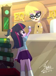 Size: 1000x1357 | Tagged: safe, artist:bluse, derpibooru import, twilight sparkle, equestria girls, book, cute, female, librarian, library, library card, show accurate, twiabetes, unknown character, wagon, younger