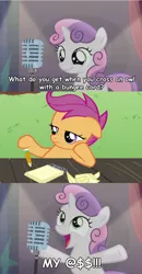 Size: 870x1674 | Tagged: safe, derpibooru import, edit, edited screencap, screencap, scootaloo, sweetie belle, pegasus, pony, unicorn, bloom and gloom, bad sweetie belle joke, duo, female, filly, foal, kung pow, master pain, meme, screencap comic, unamused