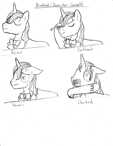 Size: 5100x6600 | Tagged: safe, artist:thealjavis, derpibooru import, prince blueblood, pony, unicorn, absurd resolution, ace attorney, elements of justice, eyes closed, male, monochrome, nervous, open mouth, prosecutor, shocked, sketch, stallion, sweat