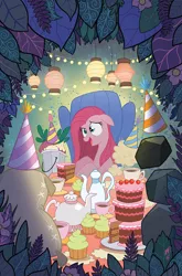 Size: 600x911 | Tagged: alice in wonderland, artist:tonyfleecs, balloon, cake, cover, cupcake, derpibooru import, i can't believe it's idw, idw, lantern, madame le flour, mad hatter, mr. turnip, paper lantern, party of one, pinkamena diane pie, pinkie pie, rocky, safe, sir lintsalot, teacup, tea kettle