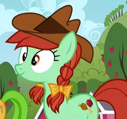 Size: 718x675 | Tagged: safe, derpibooru import, screencap, candy apples, perfect pie, earth pony, pony, apple family reunion, apple family member, background pony, bow, braid, cowboy hat, cropped, female, hair bow, hat, mare, solo focus, stetson