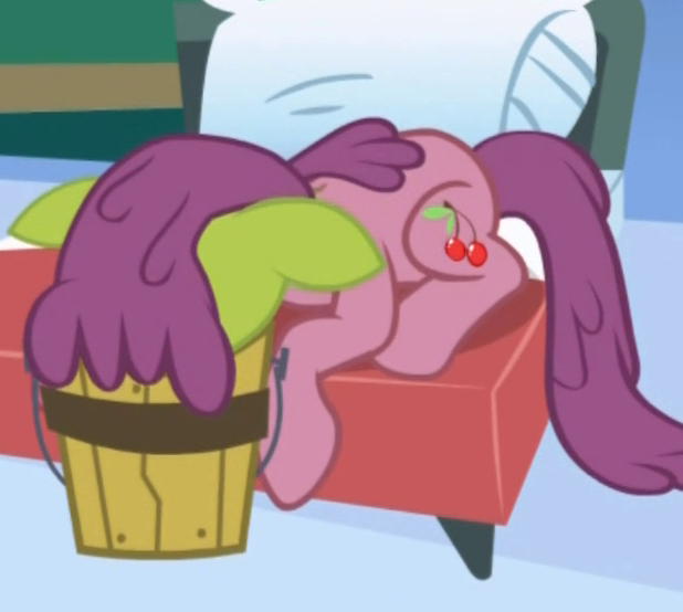 Size: 618x554 | Tagged: safe, derpibooru import, screencap, cherry punch, earth pony, pony, applebuck season, background pony, baked bads, bucket, cropped, female, green face, mare, nauseous, sick, solo, vomiting