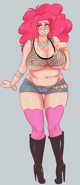 Size: 557x1287 | Tagged: questionable, artist:sundown, derpibooru import, pinkie pie, human, bimbo, bimbo pie, boots, breasts, busty pinkie pie, cameltoe, chubby, clothes, female, fishnets, high heel boots, high heels, humanized, image, nipples, nudity, plump, png, pudgy pie, shorts, solo, solo female, wild makeup
