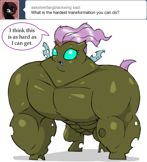 Size: 500x550 | Tagged: abs, artist:drjavi, ask, ask coppercog, changeling, female, innuendo, muscles, oc, oc:yhsrettulf, open mouth, saddle rager, safe, smiling, transformation, tumblr