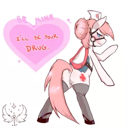 Size: 1280x1280 | Tagged: artist:cold-blooded-twilight, art pack, bits, bridle, clothes, female, nurse redheart, plot, saddle, solo, solo female, stockings, suggestive, thigh highs, valentine