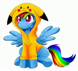 Size: 3379x3110 | Tagged: safe, artist:scarlet-spectrum, derpibooru import, rainbow dash, pegasus, pikachu, pony, :3, clothes, crossover, cute, dashabetes, floppy ears, hoodie, looking up, pokémon, rainbowchu, simple background, sitting, smiling, solo, spread wings, underhoof, white background