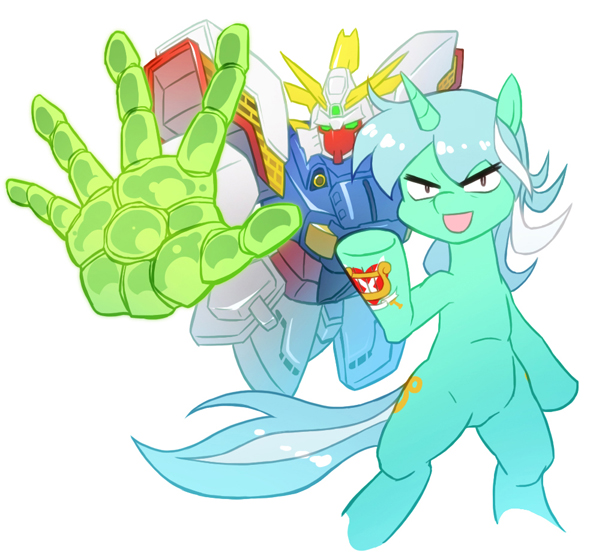 Size: 590x559 | Tagged: safe, artist:sweetsound, derpibooru import, lyra heartstrings, pony, robot, bipedal, crossover, g gundam, gundam, mecha, pixiv, shining finger