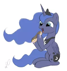 Size: 969x1025 | Tagged: alicorn, artist:divlight, cake, crown, cute, eating, eclair, female, hoof hold, jewelry, mare, open mouth, princess luna, regalia, safe, simple background, sitting, solo