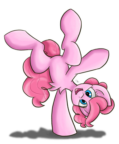 Size: 570x689 | Tagged: dead source, safe, artist:luximus17, derpibooru import, pinkie pie, pony, chest fluff, cute, diapinkes, looking at you, shadow, silly, silly pony, simple background, smiling, solo, standing, standing on one leg, upside down, white background