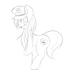 Size: 1550x1700 | Tagged: suggestive, artist:randy, derpibooru import, oc, oc:aryanne, unofficial characters only, pony, bipedal, black and white, blushing, chest fluff, grayscale, happy, hat, heart, monochrome, nazi, outline, smiling, solo, standing, swastika