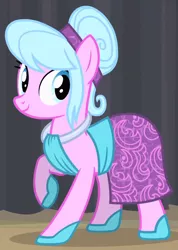 Size: 588x828 | Tagged: safe, derpibooru import, screencap, earth pony, pony, rarity takes manehattan, background pony, coral shine, looking back, raised hoof, smiling, solo