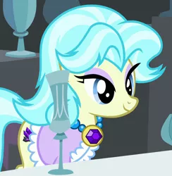 Size: 932x956 | Tagged: safe, derpibooru import, screencap, amethyst gleam, ammie thyst, earth pony, pony, trade ya, background pony, chalice, clothes, cropped, crystal chalice stand pony, female, mare, solo