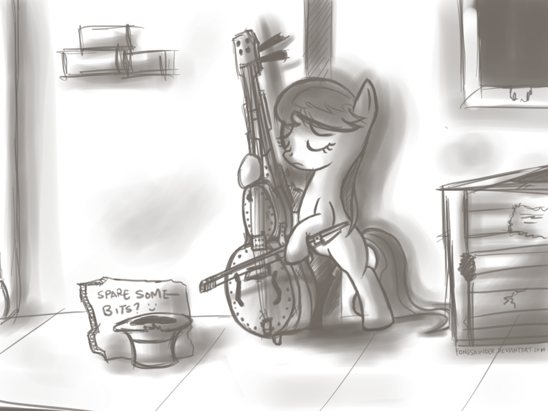 Size: 1024x768 | Tagged: safe, artist:fongsaunder, derpibooru import, octavia melody, earth pony, pony, bipedal, busking, cello, eyes closed, female, mare, monochrome, musical instrument, sign, solo