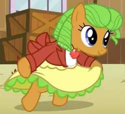 Size: 685x625 | Tagged: safe, derpibooru import, screencap, dosie dough, earth pony, pony, apple family reunion, apple family member, background pony, clothes, courtsey, cropped, curtsey, curtseying, dress, female, mare, ringlets, solo