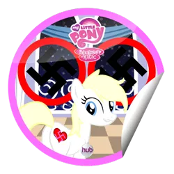 Size: 894x894 | Tagged: safe, artist:alphaponz, derpibooru import, oc, oc:aryanne, unofficial characters only, earth pony, pony, female, heart, hub logo, lip bite, looking back, nazi, night, plot, snow, snowfall, solo, standing, sticker, swastika, toy, window