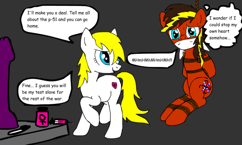 Size: 1000x600 | Tagged: questionable, semi-grimdark, artist:ninjawilson, derpibooru import, oc, oc:ace swift, oc:aryanne, unofficial characters only, earth pony, pony, backwards swastika, bondage, dialogue, dildo, female, forced feminization, giant dildo of death, hoof in air, hormones, hostage, looking away, mare, nazi, sex toy, swastika, syringe, talking, text, tied up