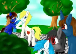 Size: 1063x751 | Tagged: safe, derpibooru import, oc, oc:aryanne, oc:day dreamer, oc:fallen star, oc:pan, oc:spark, unofficial characters only, earth pony, pony, unicorn, bush, collar, fangs, group picture, heart, hoof on chin, looking back, nazi, park, plot, pose, road, sparkly eyes, stare, swastika, tree