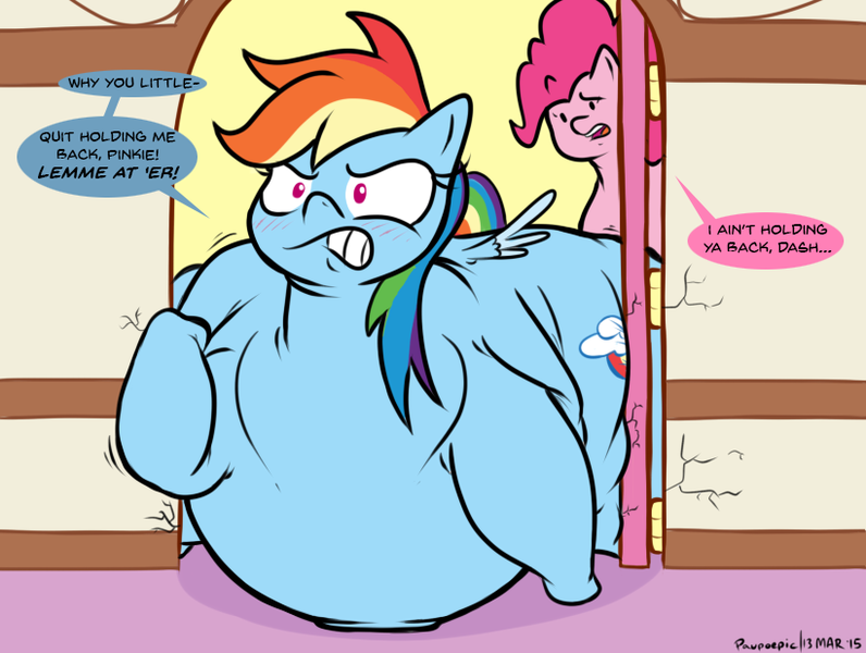 Size: 820x618 | Tagged: suggestive, artist:paupoepic, derpibooru import, pinkie pie, rainbow dash, earth pony, pegasus, pony, angry, fat, funny, impossibly large butt, impossibly wide hips, jiggle, plot, property damage, rainblob dash, stuck, the ass is monstrously oversized for tight entrance, threat, too fat, wide hips