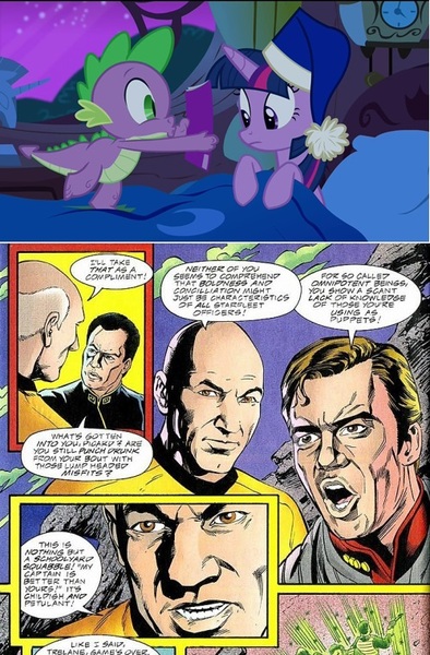 Size: 500x761 | Tagged: safe, derpibooru import, spike, twilight sparkle, twilight sparkle (alicorn), alicorn, pony, accessory swap, best captain, best human, comic, comic book meme, exploitable meme, female, james t kirk, jean-luc picard, mare, marvel comics, meme, obligatory pony, q, star trek, star trek unlimited, trelane