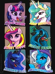 Size: 1250x1667 | Tagged: safe, artist:kp-shadowsquirrel, derpibooru import, princess cadance, princess celestia, princess luna, queen chrysalis, trixie, twilight sparkle, twilight sparkle (alicorn), alicorn, changeling, changeling queen, pony, unicorn, candy, cape, clothes, crown, cute, cutealis, cutedance, cutelestia, diatrixes, eating, female, flavor, food, food porn, hat, jewelry, levitation, lollipop, looking at you, lunabetes, magic, mare, one eye closed, open mouth, regalia, smiling, smiling at you, telekinesis, text, tongue out, trixie's cape, trixie's hat, twiabetes, wink