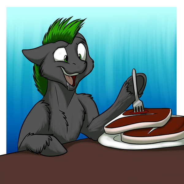 Size: 1000x1000 | Tagged: artist:foxenawolf, chest fluff, derpibooru import, drool, fanfic:a different perspective, fanfic art, fork, meat, oc, oc:long path, ponies eating meat, safe, steak, underhoof, unofficial characters only, unshorn fetlocks