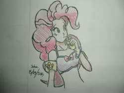Size: 4320x3240 | Tagged: artist:jofca, clothes, derpibooru import, drinking, pinkie pie, safe, solo, swimsuit, traditional art, water wings