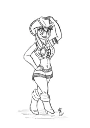 Size: 1024x1451 | Tagged: applejack, artist:faroth, belly button, boots, cosplay, cowboy hat, crossover, derpibooru import, hat, monochrome, nico robin, one piece, pinup, sexy, sketch, suggestive