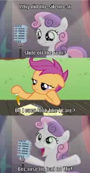 Size: 532x1024 | Tagged: bad sweetie belle joke, bloom and gloom, derpibooru import, maths joke, microphone, notepad, pencil, safe, scootaloo, sweetie belle