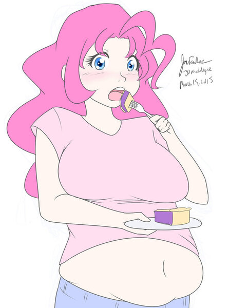 Size: 600x807 | Tagged: 30 minute art challenge, artist:jonfawkes, belly button, breasts, busty pinkie pie, chubby, derpibooru import, eating, fat, female, human, humanized, looking at you, midriff, muffin top, pi day, pie, pinkie pie, pudgy pie, safe