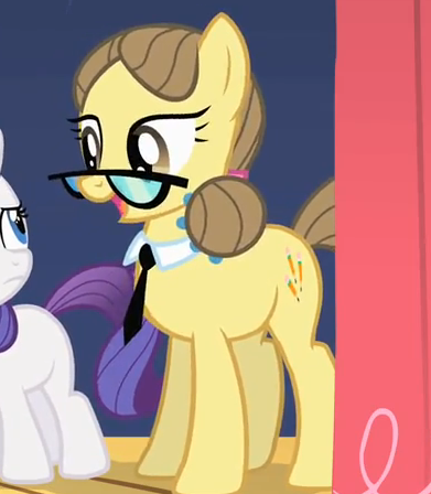 Size: 391x448 | Tagged: safe, derpibooru import, screencap, play write, rarity, earth pony, pony, the cutie mark chronicles, cropped, female, filly, glasses, mare, necktie, solo focus, younger