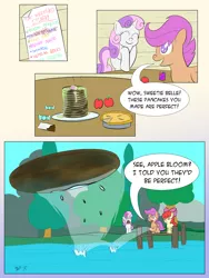 Size: 1800x2400 | Tagged: apple bloom, artist:halflingpony, comic, cutie mark crusaders, derpibooru import, fail, lake, pancakes, safe, scootaloo, skipping stones, sweetie belle, sweetie belle can't cook, sweetie fail