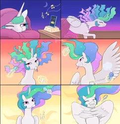 Size: 2000x2063 | Tagged: safe, artist:arareroll, derpibooru import, princess celestia, alicorn, pony, adorkable, alarm clock, beautiful, bed, bed mane, blanket, brush, brushie, brushing, clock, comic, cute, cutelestia, dork, ethereal mane, eyes closed, female, floppy ears, flowing mane, frown, gradient background, grin, magic, majestic as fuck, mare, messy mane, morning ponies, multicolored mane, multicolored tail, music notes, praise the sun, pretty, princess dorklestia, purple eyes, sillestia, silly, silly face, silly pony, slice of life, smiling, solo, sparkles, spray bottle, spread wings, telekinesis, tired, toothbrush, toothpaste, wing hands, wings, wink
