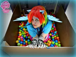 Size: 960x720 | Tagged: artist:kuroknightc2, ball pit, box, cosplay, dashcon, derpibooru import, human, irl, irl human, photo, rainbow dash, safe