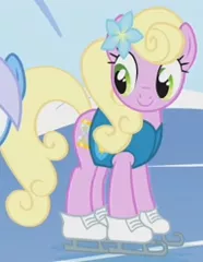 Size: 192x248 | Tagged: safe, derpibooru import, screencap, spring forward, earth pony, pony, winter wrap up, background pony, clothes, cropped, female, flower, flower in hair, ice skates, mare, solo focus, vest, weather team, winter wrap up vest