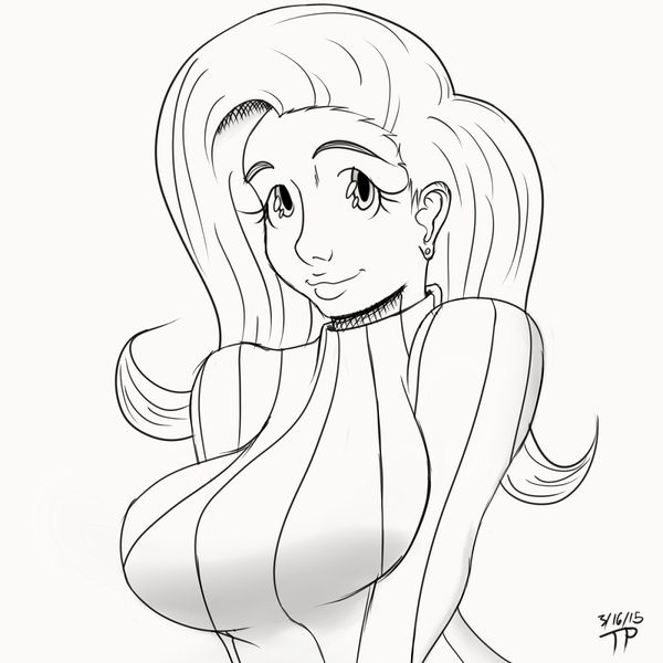 Size: 1000x1000 | Tagged: artist:thethunderpony, big breasts, breasts, busty fluttershy, clothes, derpibooru import, female, fluttershy, huge breasts, human, humanized, monochrome, safe, smiling, solo, sweater, sweatershy