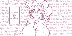 Size: 1200x600 | Tagged: artist:moronsonofboron, big breasts, breasts, busty pinkie pie, derpibooru import, female, glasses, huge breasts, human, humanized, looking at you, monochrome, party, pinkie pie, safe, smiling, solo, sweat, wide eyes