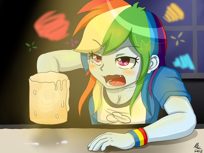 Size: 1600x1200 | Tagged: safe, artist:buxie, derpibooru import, rainbow dash, equestria girls, breasts, busty rainbow dash, cider, cleavage, cute, cute little fangs, dashaholic, drunk, drunker dash, fangs, female, mug, pixiv, solo