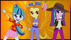 Size: 1465x832 | Tagged: safe, artist:ohohokapi, deleted from derpibooru, derpibooru import, adagio dazzle, aria blaze, sonata dusk, equestria girls, belt, bracelet, chip, chip and dale rescue rangers, clothes, cosplay, coveralls, dale, fedora, gadget hackwrench, goggles, hat, hawaiian shirt, jacket, jewelry, mousegirl, pants, pigtails, ponytail, shirt, skirt, tail, twintails