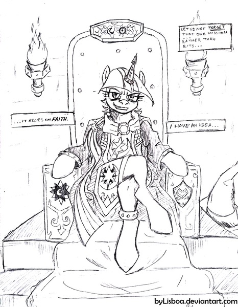 Size: 787x1014 | Tagged: artist:bylisboa, comic:equestria divided, derpibooru import, equestria divided, evil, evil grin, grin, house moon and star, monochrome, safe, throne, twilight sparkle