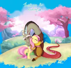 Size: 1152x1098 | Tagged: safe, artist:c-puff, derpibooru import, discord, fluttershy, draconequus, pegasus, pony, blushing, bush, butt, cherry blossoms, cloud, crying, cute, discoshy, discute, eyes closed, female, flutterbutt, happy, heart, heartwarming, hug, image, male, mare, mountain, plot, png, shipping, shyabetes, sitting, smiling, standing, straight, sweet dreams fuel, tears of joy, text, tree, wholesome